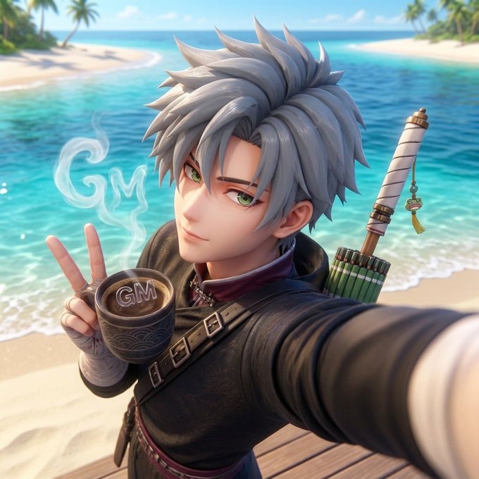 An anime-style illustration of a silver-haired young man with green eyes taking a selfie while holding a cup of coffee with 'GM' written on it, standing on a tropical beach with a sword on his back.