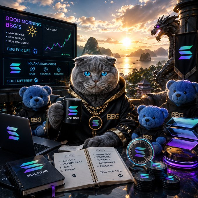 A digital artwork depicts a gray cat wearing a 'SOLANA' chain and 'BBG' jacket, surrounded by blue teddy bears branded 'BBG', with screens showing 'GOOD MORNING BBG'S', 'STAY HUMBLE', 'STAY CURIOUS', 'STAY CONSISTENT', and a SOL/USDT chart labeled 'STRONG'.