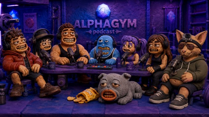 The image features a cartoon scene of six anthropomorphic characters sitting around a table, appearing to be engaged in conversation or participating in an event. The characters include a man with a microphone, a woman wearing headphones, another man holding a microphone, two women, one cat, and a dog. The background is dark purple, which complements the overall color scheme of the cartoon scene.

The post includes text that reads "ALPHAGYGym" and " Podcast", suggesting it might be related to a podcast or an event featuring the characters from the cartoon. Additionally, there are mentions of "GEMs" and "set", which could possibly refer to a specific group or schedule for the event.