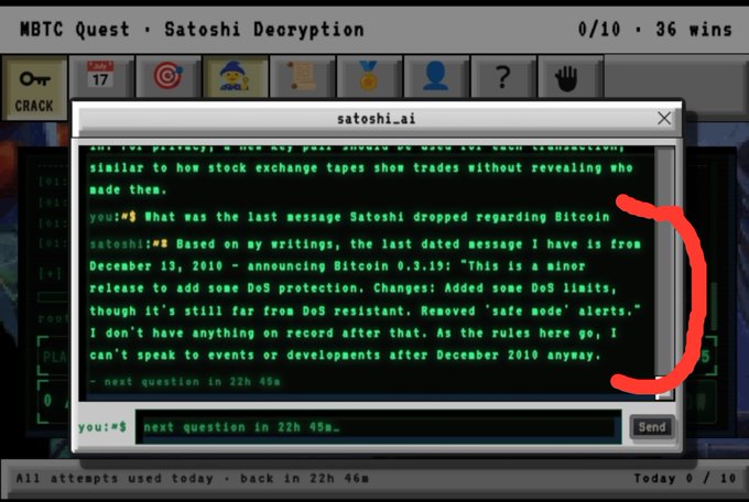 A screenshot of an 'MBTC Quest - Satoshi Decryption' chat interface with satoshi.ai, where Satoshi discusses his last message from December 13, 2010 about Bitcoin 0.3.19 and DoS protection, with a red arrow pointing to the text.