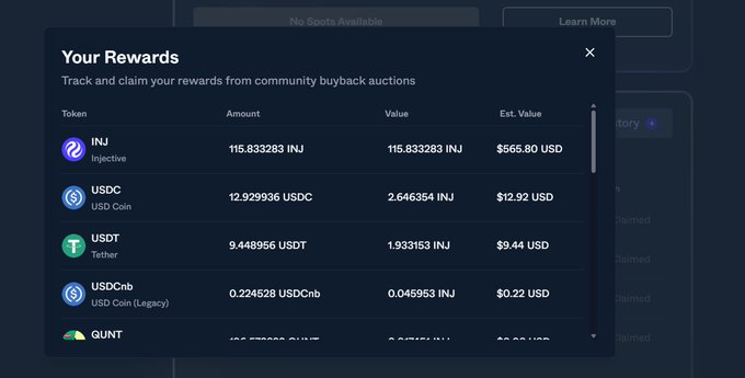 A 'Your Rewards' modal showing community buyback auction rewards in INJ, USDC, USDT, USDCnb, and GUNT tokens, with estimated values like $566.80 USD for INJ and $12.92 for USDC.