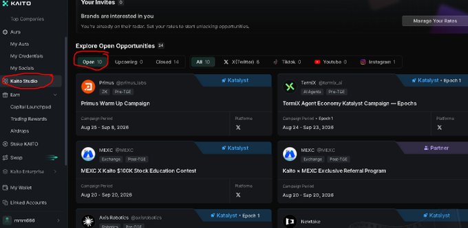 Screenshot of the Kaito platform showing the 'Kaito Studio' section with a 'Kaito's Invites' page displaying 10 open campaign opportunities, including Primus, TermX, MEXC, and Ava Robotics, all tagged as Katalyst.