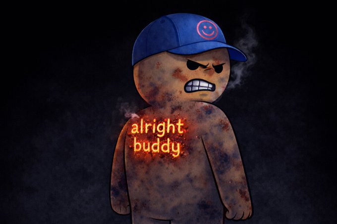 A digital illustration of an angry gingerbread-like figure with a blue cap, baring its teeth in a grimace, with glowing orange text reading 'alright buddy' on its chest against a dark background.