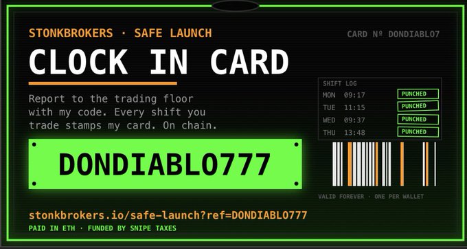 Digital 'Clock In Card' titled 'STONKBROKERS · SAFE LAUNCH' with the code DONDIABL0777, showing a shift log with 'PUNCHED' entries and a barcode design.