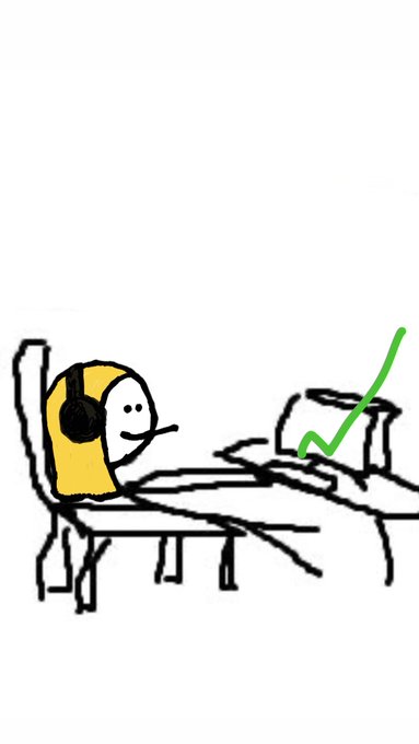 A simple hand-drawn meme-style illustration of a yellow figure with headphones sitting at a computer desk, with a green checkmark displayed on the screen.
