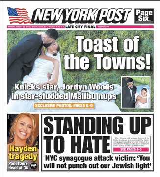 The front page of the New York Post featuring the headline 'Toast of the Towns!' about Knicks star Jordyn Woods, alongside a 'STANDING UP TO HATE' headline about a NYC synagogue attack and a 'Hayden tragedy' story about a 3-year-old dead.