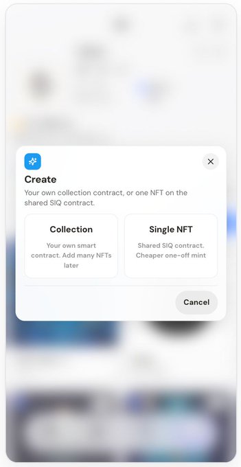 A pop-up window on the SIQ Protocol interface titled "Create" offers two options for minting NFTs: "Collection" (a custom smart contract for multiple NFTs) or "Single NFT" (a shared, cheaper one-off mint), with a "Cancel" button below. The image illustrates step 3 of the tutorial, showing the moment a user selects between minting a single NFT or starting a collection.