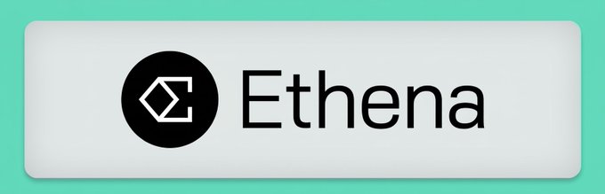 A digital banner with a teal background featuring a black circular logo with a geometric symbol and the word 'Ethena' in black text on a white rectangle.