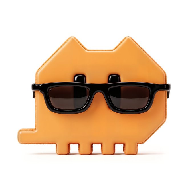 A glossy orange, cat-shaped character with pointed ears and small legs wearing thick black sunglasses against a white background.