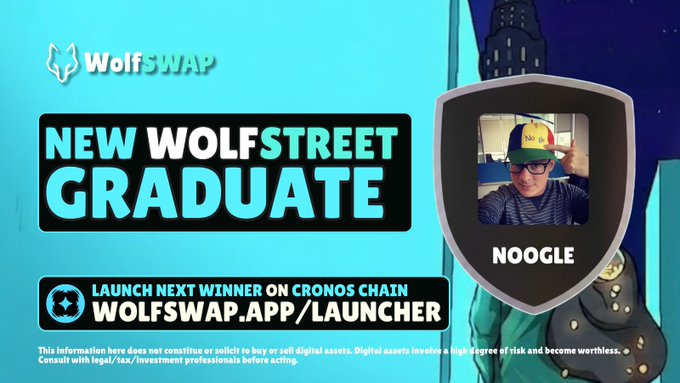 A 'WolfSWAP' promotional graphic announcing a 'NEW WOLFSTREET GRADUATE' named 'NOOGLE' who won the chance to 'LAUNCH NEXT WINNER ON CRONOS CHAIN' at 'WOLFSWAP.APP/LAUNCHER'.