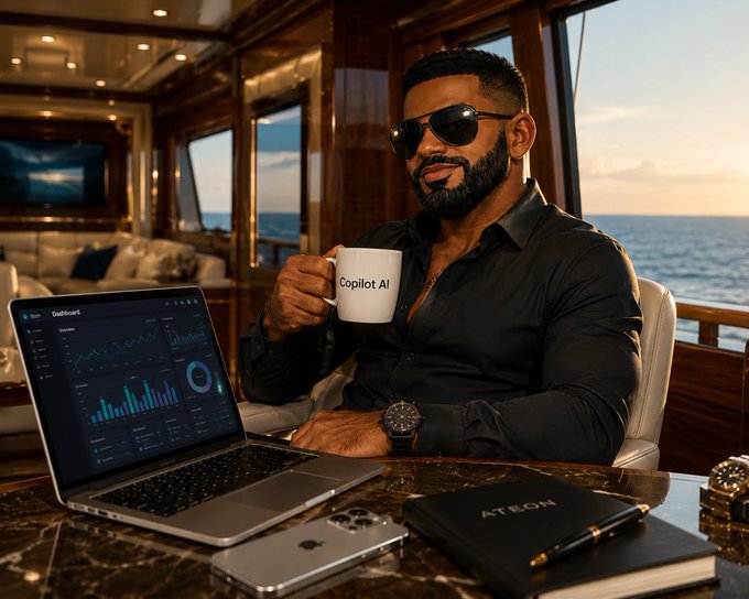 A bearded man in sunglasses and a black shirt holds a 'Copilot AI' mug while sitting at a desk with a laptop showing financial charts, with a yacht and ocean visible in the background.