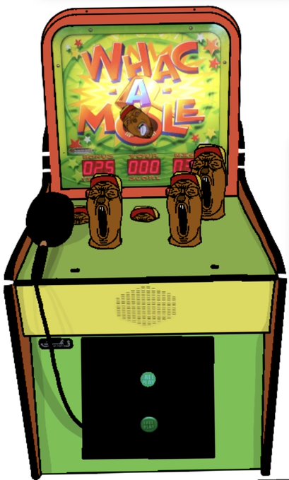 An illustration of a 'WHAC A MOLE' arcade machine in green and red, featuring cartoon mole characters popping up and digital score displays.