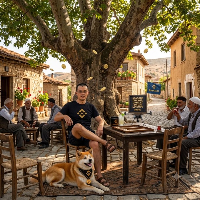 An AI-generated image shows a man in a black Binance t-shirt sitting at a table in a village square beneath a large tree, surrounded by older men drinking tea, with a Shiba Inu dog wearing a Binance bandana at his feet and a flag displaying the Binance logo.