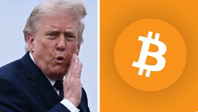 This image shows Donald Trump on the left and the Bitcoin logo on the right, symbolizing the discussed relationship between Trump's views on Bitcoin and its potential impact on the dollar.