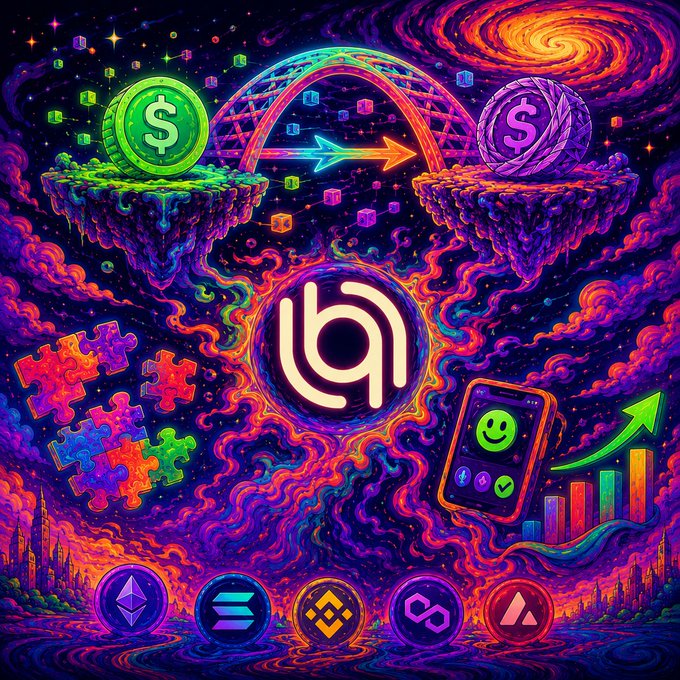 Vibrant psychedelic artwork featuring dollar sign coins on floating islands, a glowing power button, puzzle pieces, and various cryptocurrency logos at the bottom.