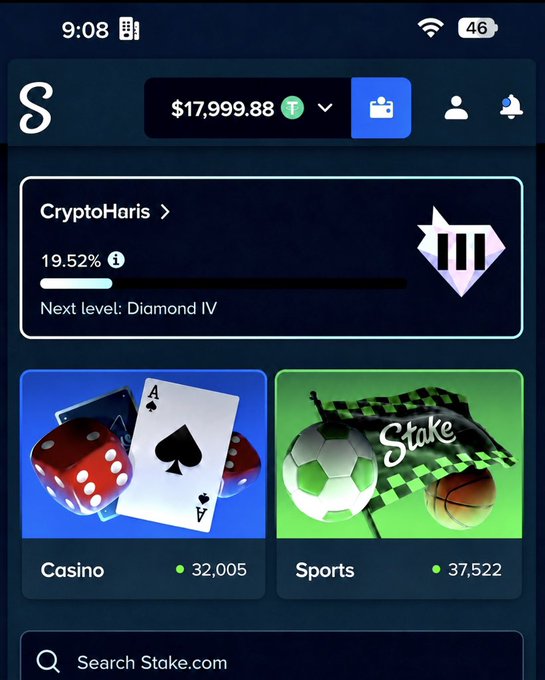 A screenshot of a Stake.com account showing a balance of $17,999.88, the username "CryptoHaris" at 19.52% toward Diamond IV level, with Casino (32,005) and Sports (37,522) sections visible—supporting the giveaway by demonstrating the account's substantial funds.