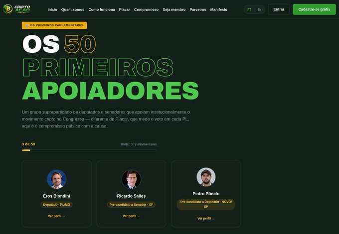 A webpage for 'CRIPTO PLACAR' featuring 'OS 50 PRIMEIROS APOIADORES' (The First 50 Supporters), showcasing Brazilian parliamentarians like Eros Biondini (PL/MG), Ricardo Salles, and Pedro Pôncio who support a crypto-related bill in Congress.