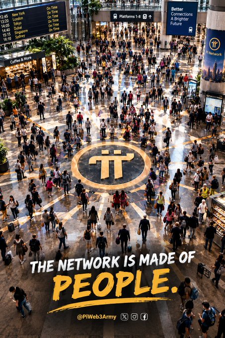 A promotional poster from @PiWeb3Army showing a crowded airport terminal with the Pi Network logo in the center of the floor, captioned 'THE NETWORK IS MADE OF PEOPLE' with city times for New York, London, Tokyo, Dubai, and Singapore displayed at the top.