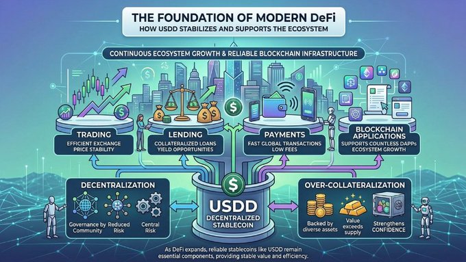 An infographic titled 'The Foundation of Modern DeFi: How USDD Stabilizes and Supports the Ecosystem,' detailing its roles in trading, lending, payments, blockchain applications, decentralization, and over-collateralization.