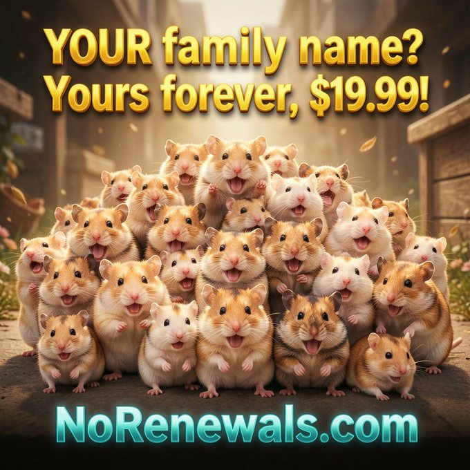 An advertisement with the text 'YOUR family name? Yours forever, $19.99!' and 'NoRenewals.com' over a pile of smiling hamsters.