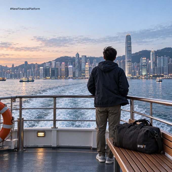 A person in a dark hooded jacket and cargo pants stands at the railing of a ferry at dusk, looking out at the illuminated Hong Kong skyline, with a duffel bag reading "BYB!T" beside them on a bench.