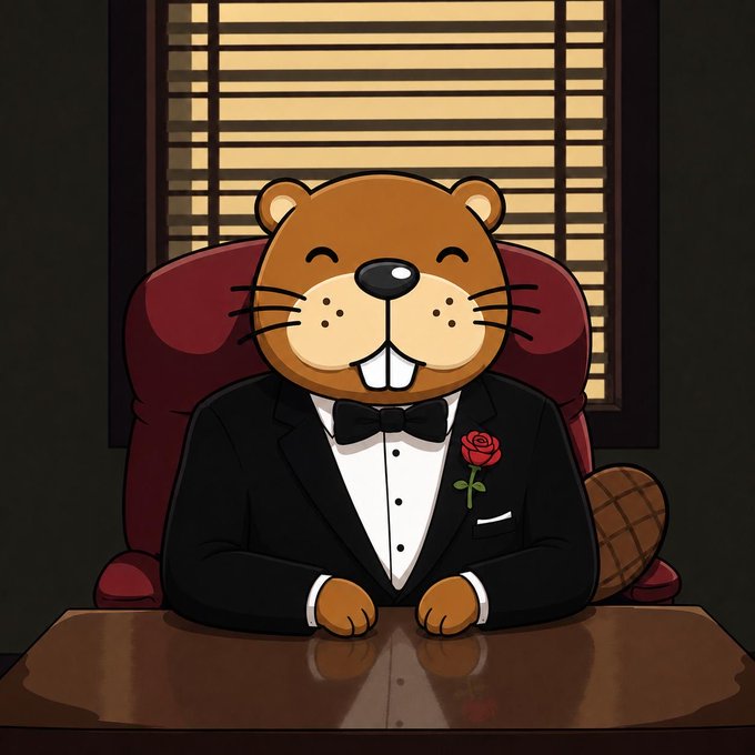 A cartoon beaver in a tuxedo with a red rose boutonniere sits at a desk in front of window blinds.