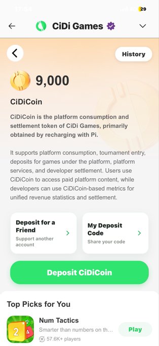 Mobile app screen for CiDi Games showing a CiDiCoin balance of 9,000, with options to deposit for a friend, share a deposit code, and a deposit button, along with a top pick game called Num Tactics.