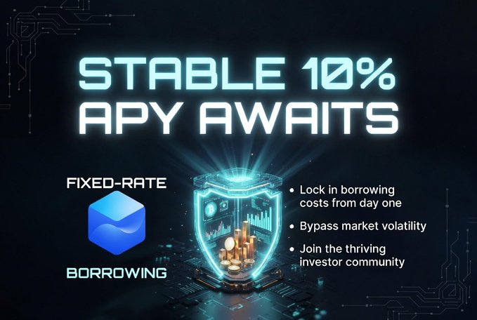 A digital advertisement graphic reading 'STABLE 10% APY AWAITS' promoting 'FIXED-RATE BORROWING' with bullet points about locking in borrowing costs, bypassing market volatility, and joining an investor community.
