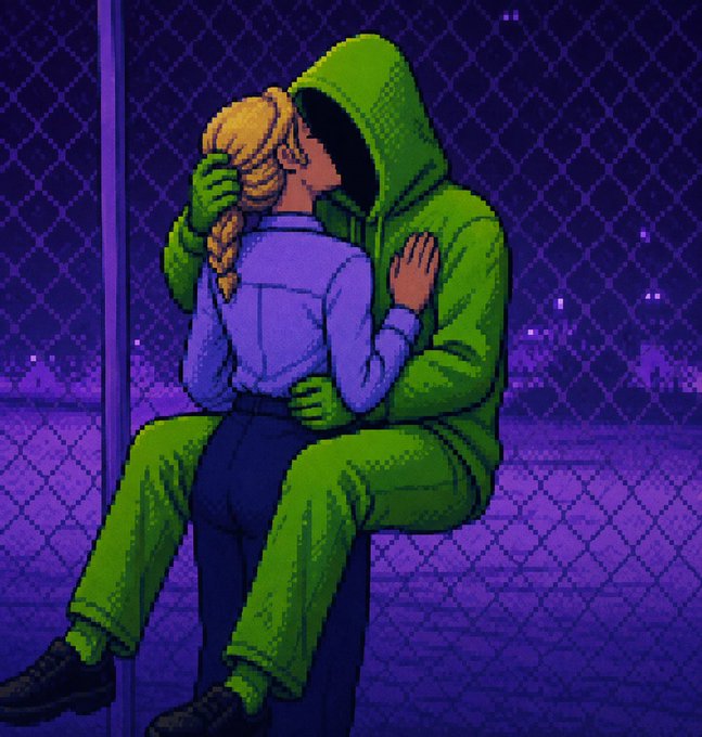 A pixel art style illustration of a person in a green hoodie with a blackened face kissing a blonde woman against a chain-link fence with a purple cityscape background.