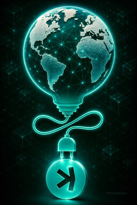 A glowing cyan lightbulb shaped like a wireframe globe illuminates a circular Kaspa ($KAS) coin, visually symbolizing the cryptocurrency's global reach, programmability, and proof-of-work innovation.