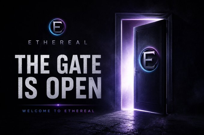 A dark, atmospheric promotional graphic for "Ethereal" features a glowing purple doorway emitting light, with a large "E" logo on the door. Bold white text reads "ETHEREAL — THE GATE IS OPEN — WELCOME TO ETHEREAL," visually reinforcing the post's announcement that applications to join the Ethereal Web3 community are now being accepted.