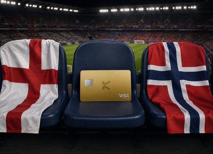 A promotional image showing a gold 'K' branded Visa Infinite card resting on a blue stadium seat, flanked by an England flag on the left and a Norway flag on the right.