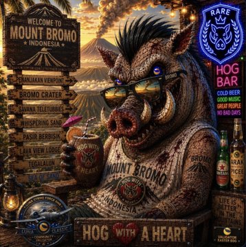 An illustrated travel poster for Mount Bromo, Indonesia, featuring an anthropomorphic warthog wearing sunglasses and a shirt that says "MOUNT BROMO".