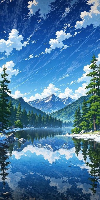 An anime-style illustration of a serene mountain lake scene with snow-capped peaks, pine trees, and fluffy clouds perfectly reflected in the calm blue water.