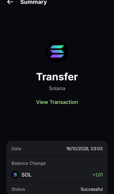 A Solana transaction summary screen shows a successful transfer of +1.01 SOL, dated 16/10/2026 at 03:03, with a “View Transaction” link. It relates to the post by documenting a 1 SOL jackpot win from the 2.95 SOL prize pool.