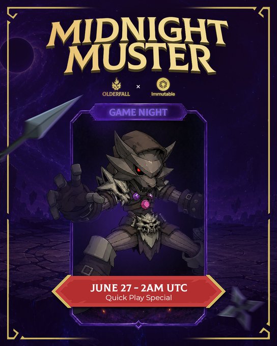 Promotional poster for "MIDNIGHT MUSTER" featuring an armored fantasy character in a card frame, advertising an Olderfall x Immutable Game Night on June 27 at 2AM UTC with a Quick Play Special tournament. The post invites players to join the event for wheel tickets, live reward codes, and exclusive previews.