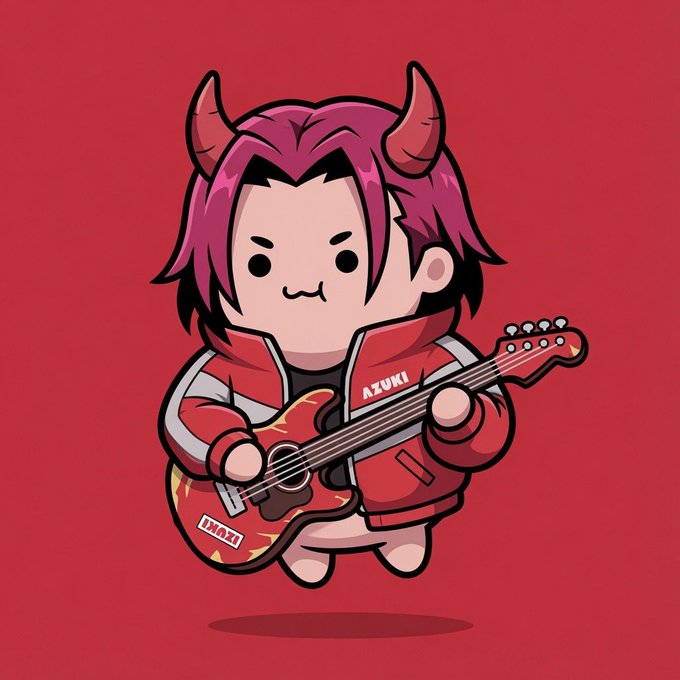 A cute, chibi-style character with pink hair, devil horns, and a red jacket with 'AZUKI' written on it, playing a red electric guitar against a red background.