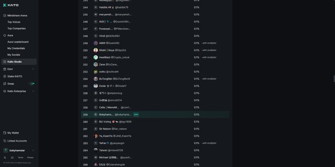 A screenshot of the Kaito platform's 'Kaito Studio' interface showing a leaderboard of ranked users with small percentage values next to their handles.