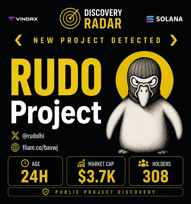 Promotional graphic for 'Discovery Radar' on Vindax/Solana announcing a new project called 'RUDO' with a 24H age, $3.7K market cap, and 308 holders, featuring an illustration of a character wearing a balaclava.
