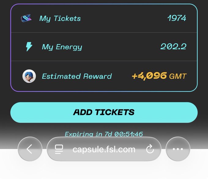 Mobile web interface showing an FSL (presumably a STEPN or similar move-to-earn app) dashboard with 1974 tickets, 202.2 energy, and an estimated reward of +4,096 GMT.