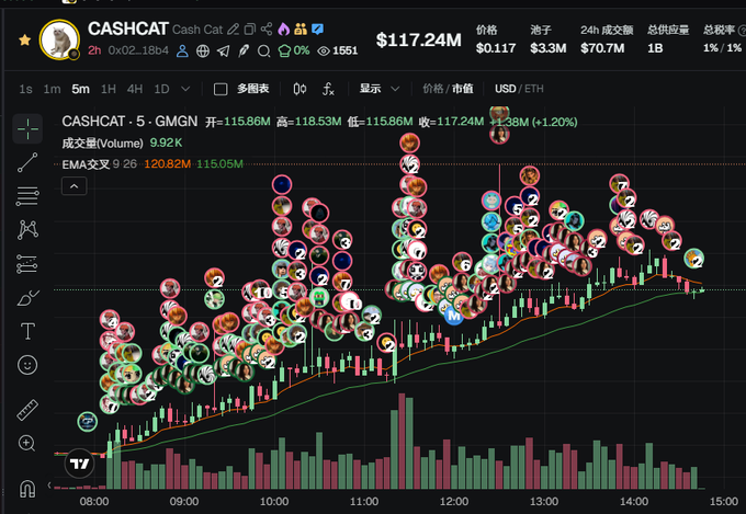 A trading chart for the memecoin CASHCAT (CA) on the GMGN platform, showing a price of $117.24M with multiple circular markers highlighting trades and a +1.20% change to 117.24M.