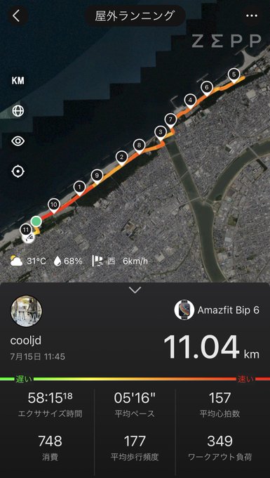 A screenshot of an outdoor running workout (屋外ランニング) from the Zepp app, showing an 11.04 km run along a coastal route, completed in 58:15:18 with an average pace of 05'16" and 157 average heart rate.