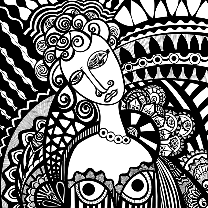 A detailed black and white illustration in a psychedelic or zentangle style portrays a stylized woman with curly patterned hair surrounded by intricate geometric and organic patterns.