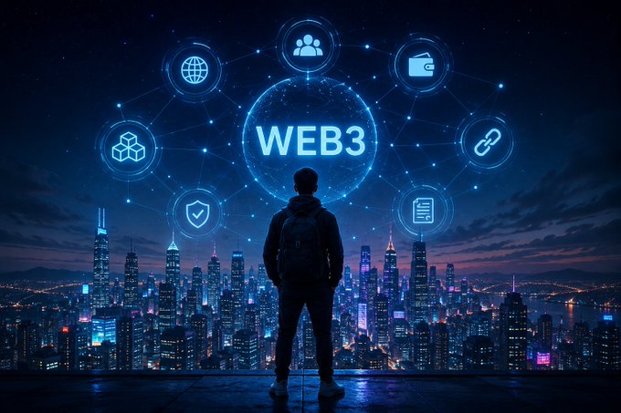 A digital art image shows a silhouetted figure with a backpack facing a glowing "WEB3" globe surrounded by connection icons, overlooking a brightly lit city at night.