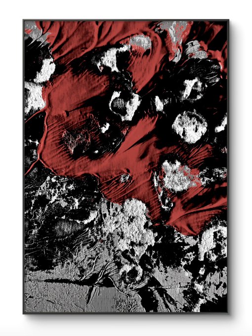A framed abstract artwork featuring textured red, black, white, and gray patterns resembling a paw print or claw marks.