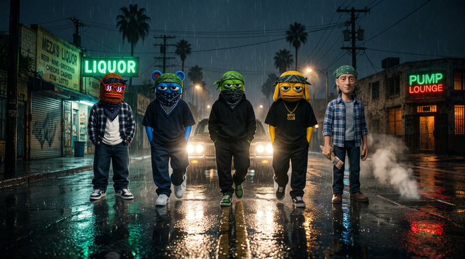 A group of five masked figures wearing colorful headgear (including bear ears and bandanas) stand in a rainy, neon-lit urban street beneath "LIQUOR" and "PUMP LOUNGE" signs, with a car idling behind them. The image captures the gritty, street-level vibe referenced in the post "The $BOYZ run the block.," portraying the crew as a tight-knit group claiming territory under the glowing storefronts.