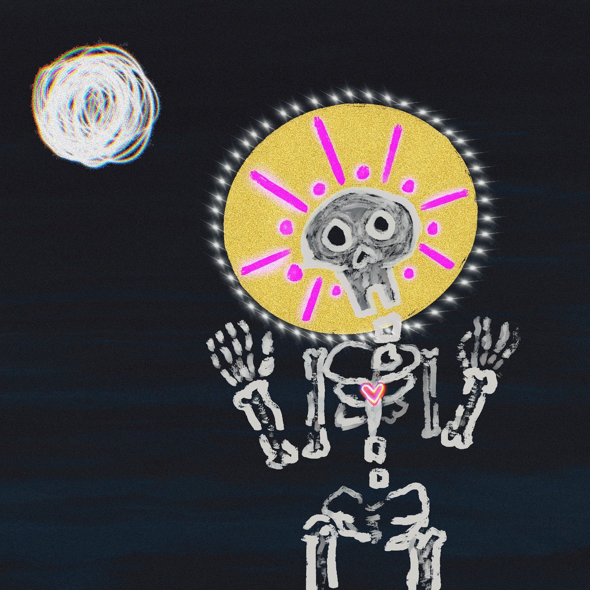 The image features a skeleton with arms and legs, wearing a crown of pink and yellow lights that appear to be radiating from its head. The skeleton is standing against a dark background, which contrasts with the vibrant colors of the lights on its head. The caption reads "Happy Tezos Tuesday. My available art for sale on @objktcom".