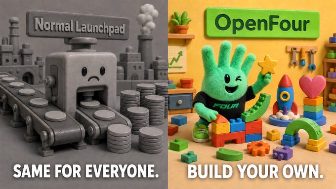 The image contrasts a gray "Normal Launchpad" assembly line with stacks of identical coins labeled "SAME FOR EVERYONE" against a colorful "OpenFour" scene where a green cartoon hand mascot builds with customizable toy blocks, captioned "BUILD YOUR OWN."

This visual metaphor reinforces OpenFour's message of replacing rigid, uniform launch mechanisms with modular, user-customizable building blocks on BNB Chain, letting token creators pick their own curve, trading rules, and rewards instead of forcing everyone into the same standardized process.