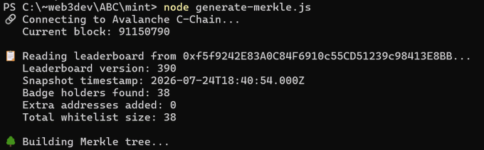 A terminal/command prompt screenshot showing a Node.js script running 'generate-merkle.js' that connects to Avalanche C-Chain at block 91150790, reading a leaderboard with 38 badge holders and a whitelist size of 38, currently building a Merkle tree.