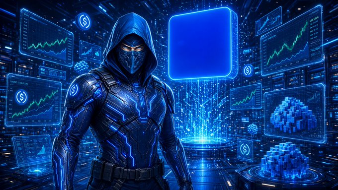 A futuristic digital illustration of a hooded figure in a high-tech armored suit with a glowing mask, standing in a cyberpunk environment surrounded by floating holographic displays showing financial charts, data visualizations, and a blank blue square panel.